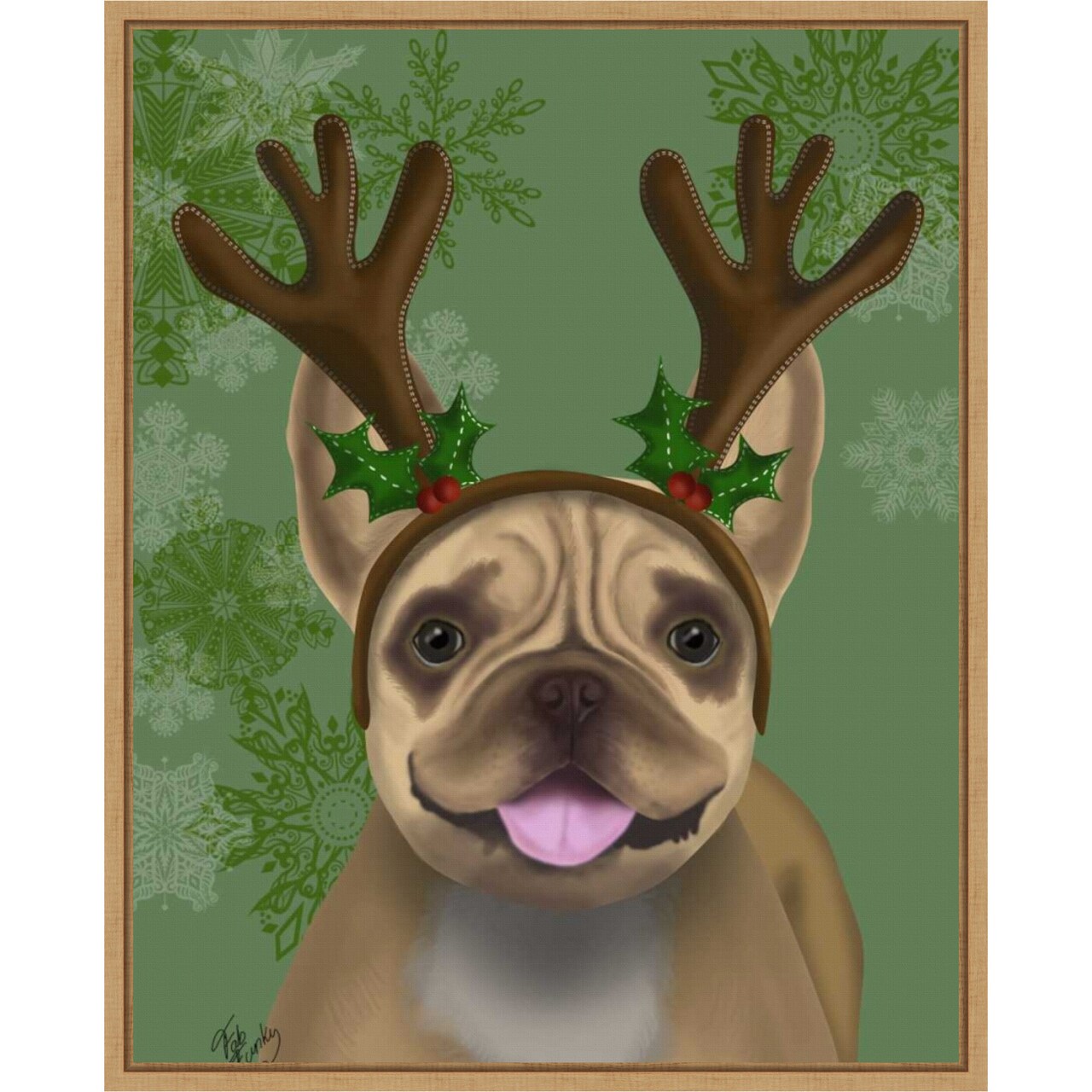 French Bulldog Antlers 1 by Fab Funky 23-in. W x 28-in. H. Canvas Wall Art Print Framed